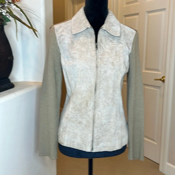 Coldwater Creek‎ Tan Suede Leather Sweater Cable Knit Zip Up Jacket Size S - Picture 1 of 8